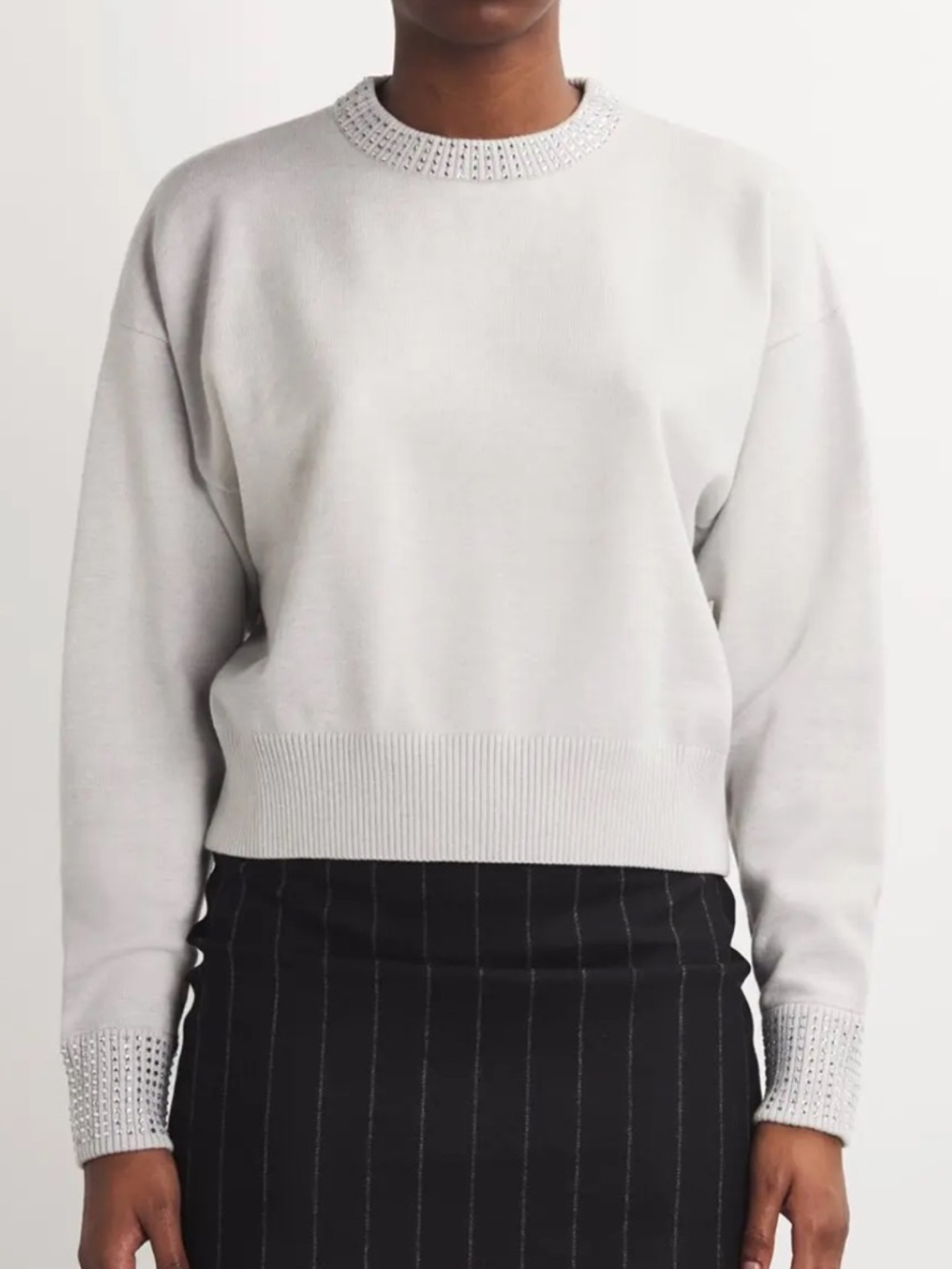 Good American Crystal Crewneck Pullover Sweater Light Gray Women's | Sz M - Picture 3 of 9